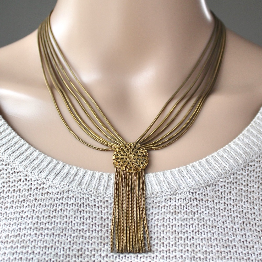 Antique Fishel, Nessler & Co. Fringe Tassel Necklace Gilt Brass Foxtail Chain